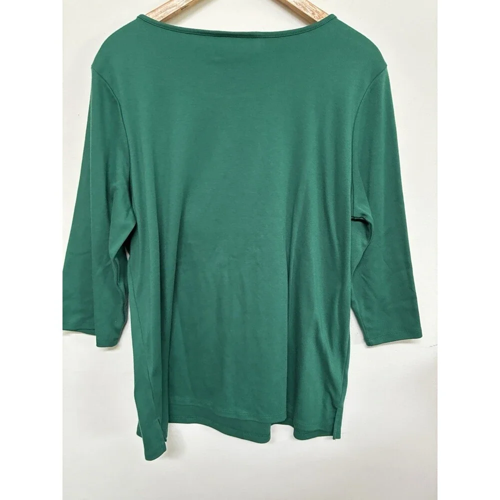 Quacker Factory Christmas Tree Blouse Women’s XL Green 3/4 Sleeve Cotton Blend